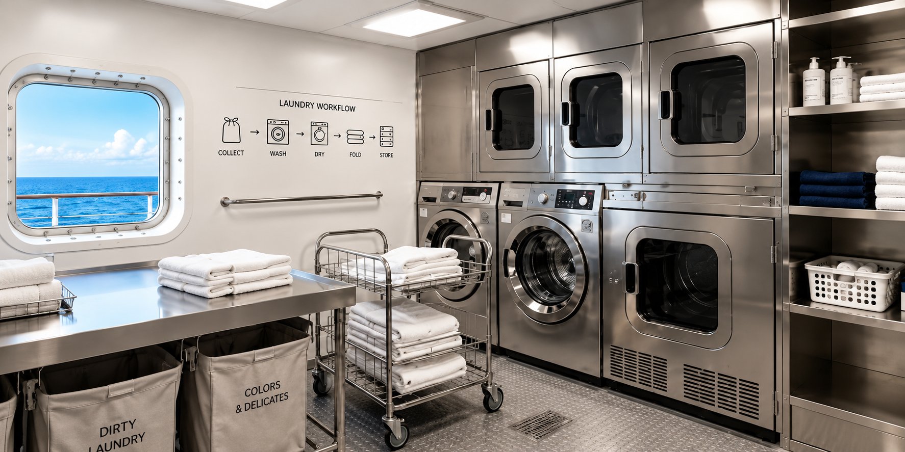 Laundry and accommodation equipment on board a vessel