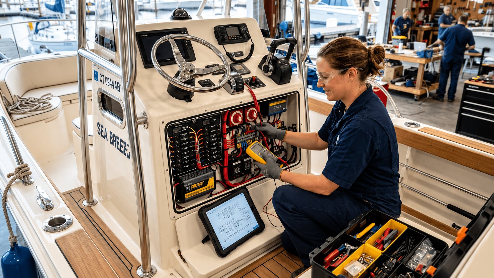 Technician inspecting electrical controls on a vessel bridge